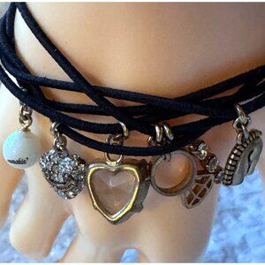 Juicy Couture Charm Bracelet 6 charms heart engagement ring horse on black cords